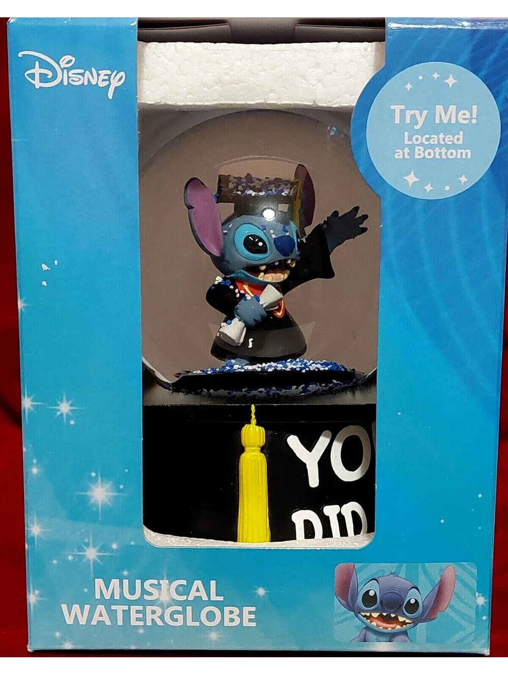 Disney STITCH in Cap & Gown Graduation Musical WATER GLOBE w/ confetti NEWinBox!